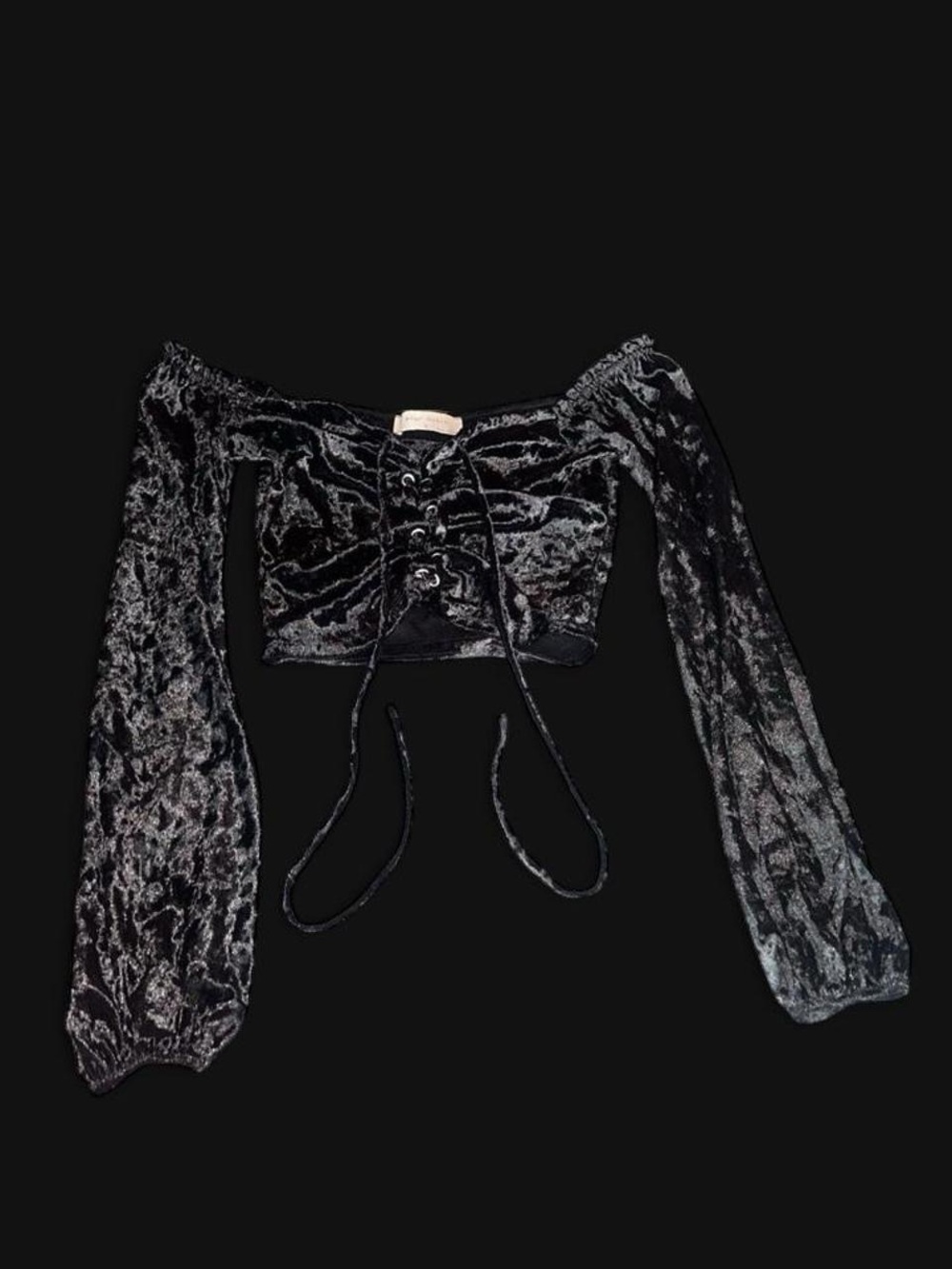 Bear Dance Crushed Velvet Lace-Up Off-Shoulder Crop Top - Black